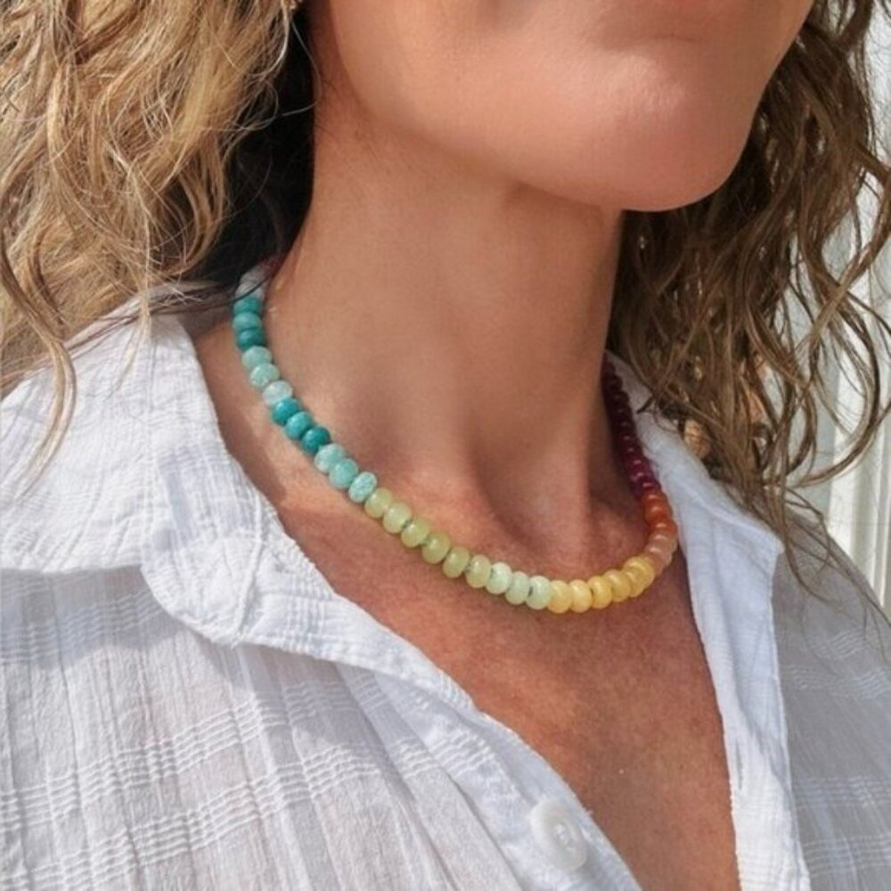 Rainbow Crystal Beaded Necklace 18K Gold Toggle Waterproof Boho Layering Jewelry - Picture 6 of 16